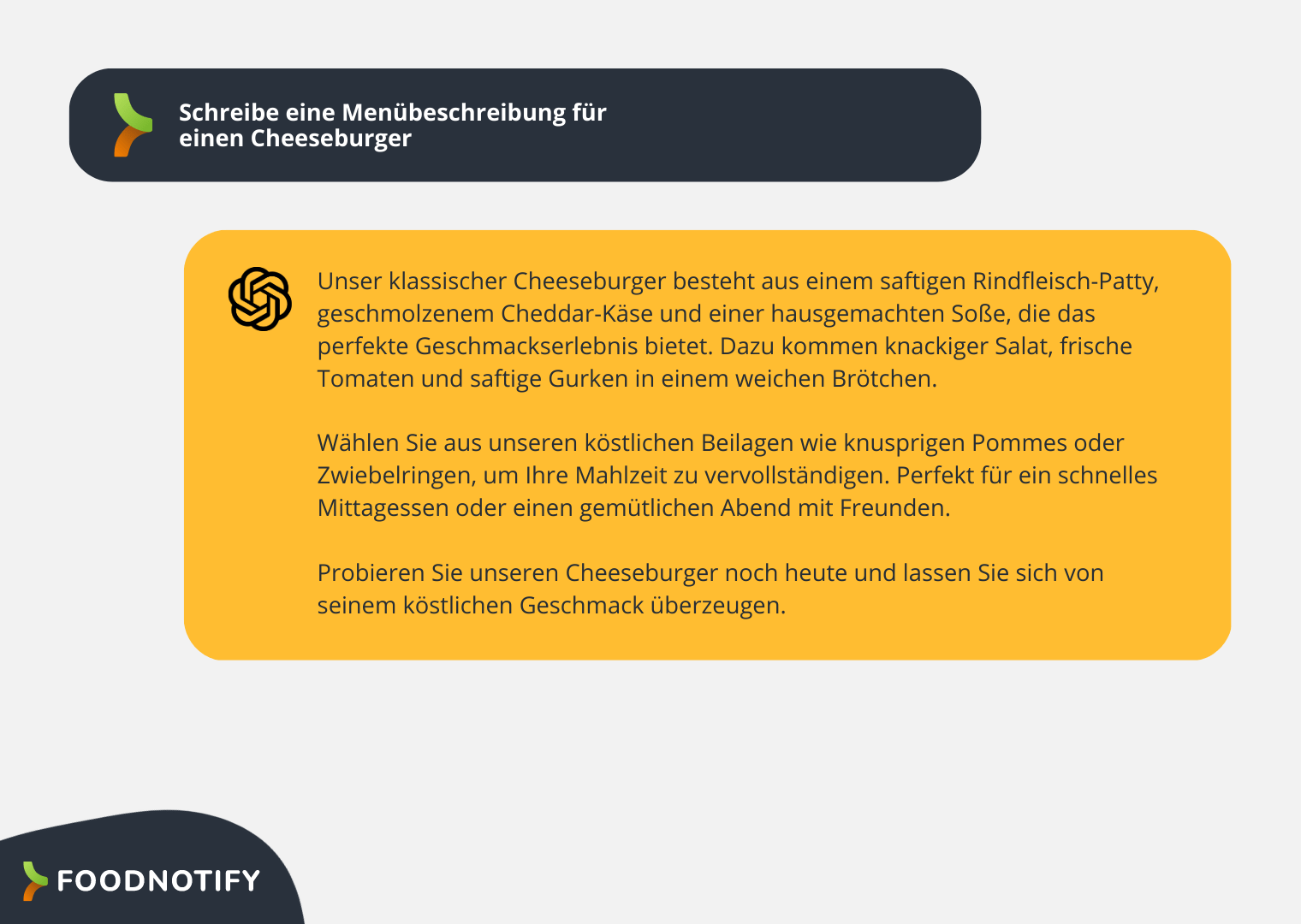 Beispiel von ChatGPT für eine Menübeschreibung für einen Cheeseburger