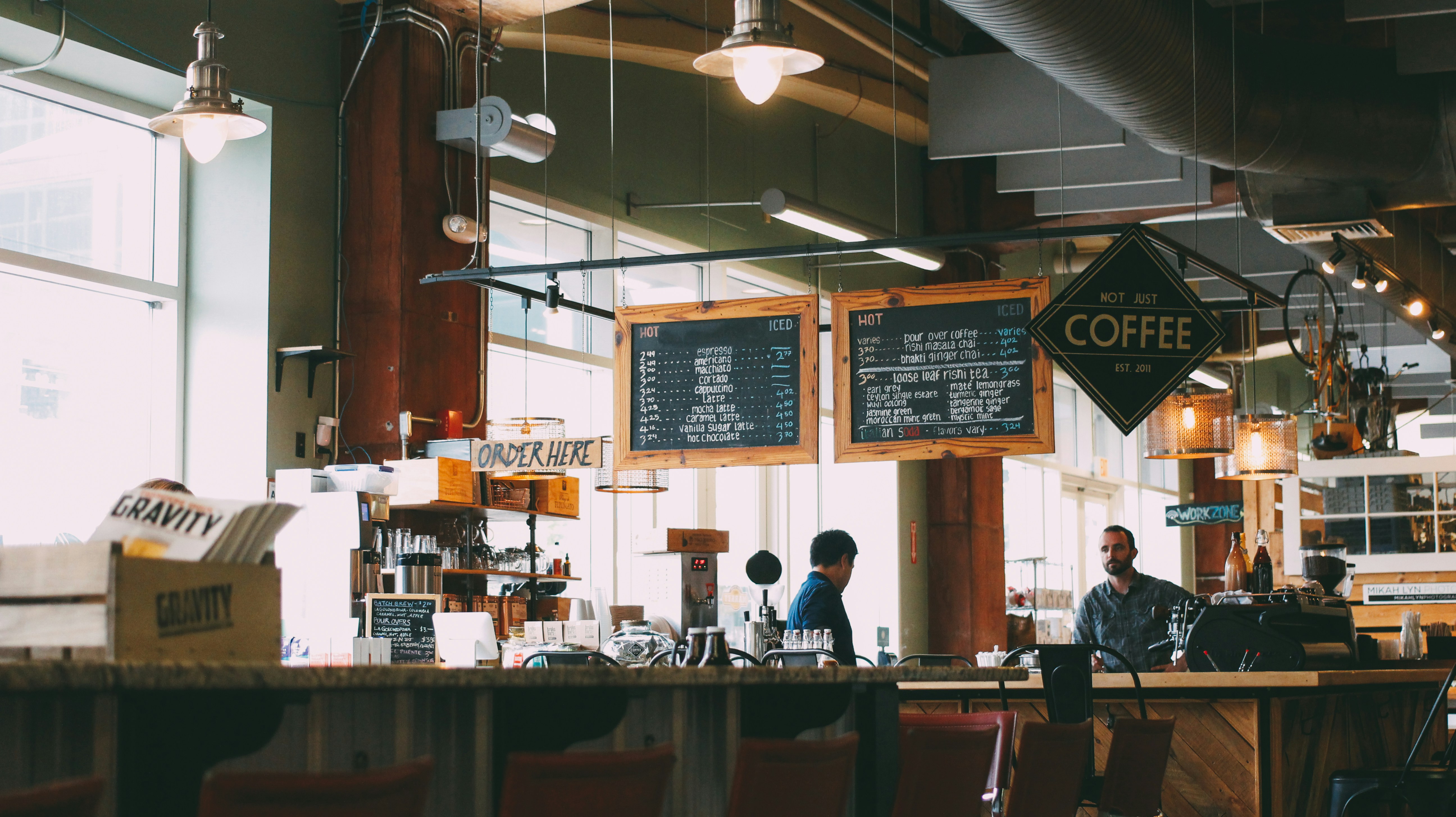 A cozy café with a few guests