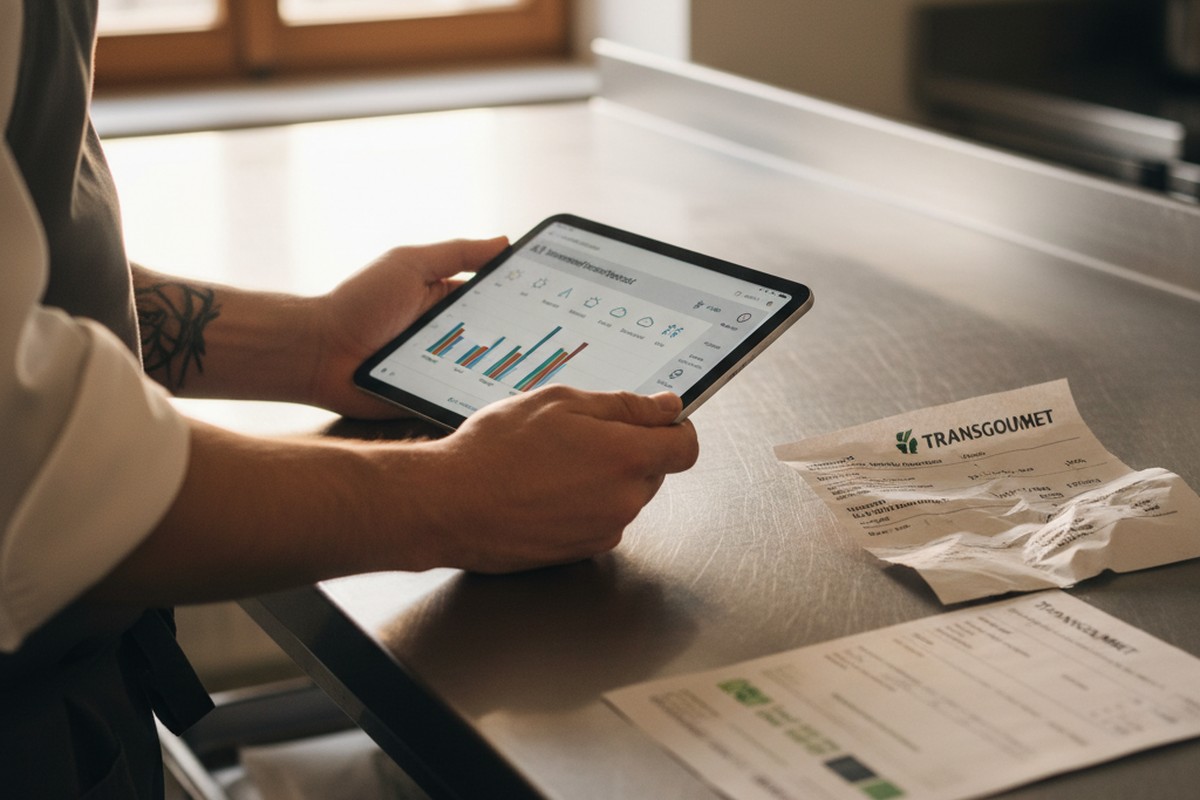 Close-up of a tablet showing an AI demand forecast and a wholesale delivery note on a stainless-steel prep surface, a practical AI use case in restaurants