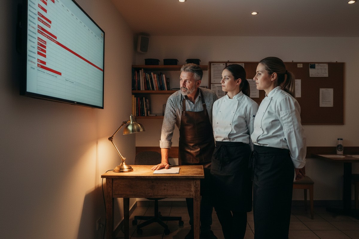 A restaurant owner and two cooks reviewing an AI staff schedule on a wall screen, balanced against working-time law constraints