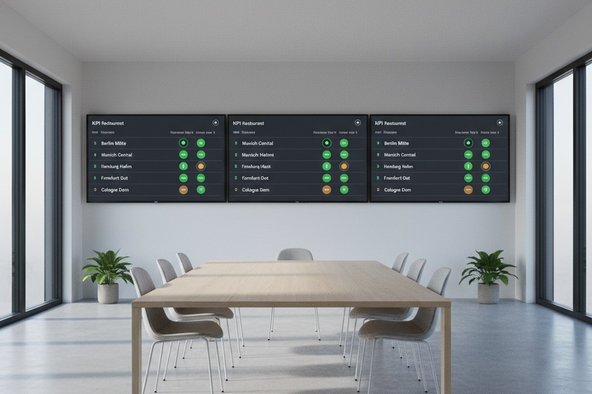 Headquarters office of a European restaurant chain with multi-location KPI dashboards on the wall in early morning light, illustrating AI maturity from five sites onward
