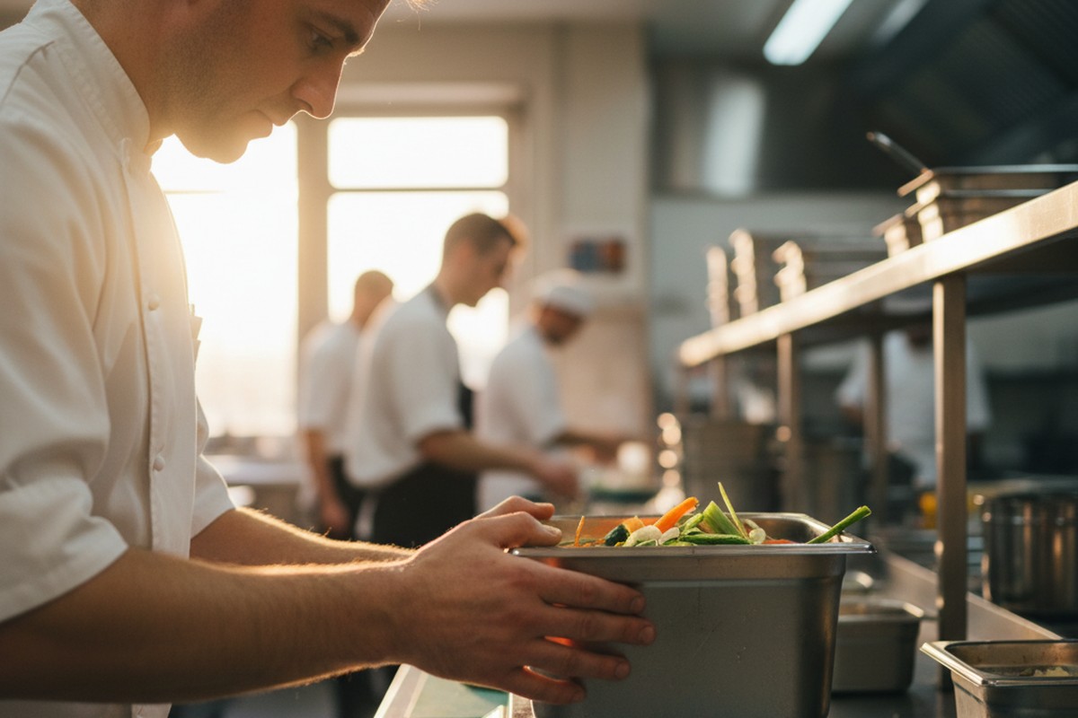 Sous Chef wiegt Lebensmittelabfall in der Restaurantküche, um nachhaltige Gastronomie messbar zu machen.