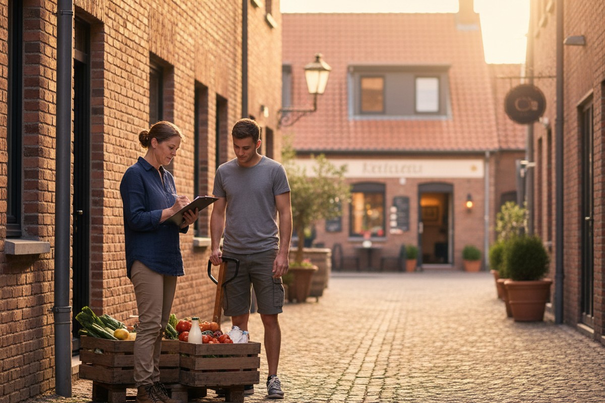 Restaurantleiterin nimmt regionale Lieferung an: saisonale Beschaffung als Hebel nachhaltiger Gastronomie.