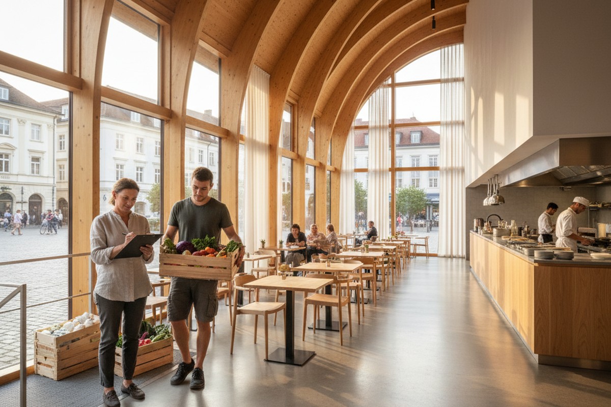 Restaurantleiterin nimmt regionale Lieferung an: saisonale Beschaffung als Hebel nachhaltiger Gastronomie.