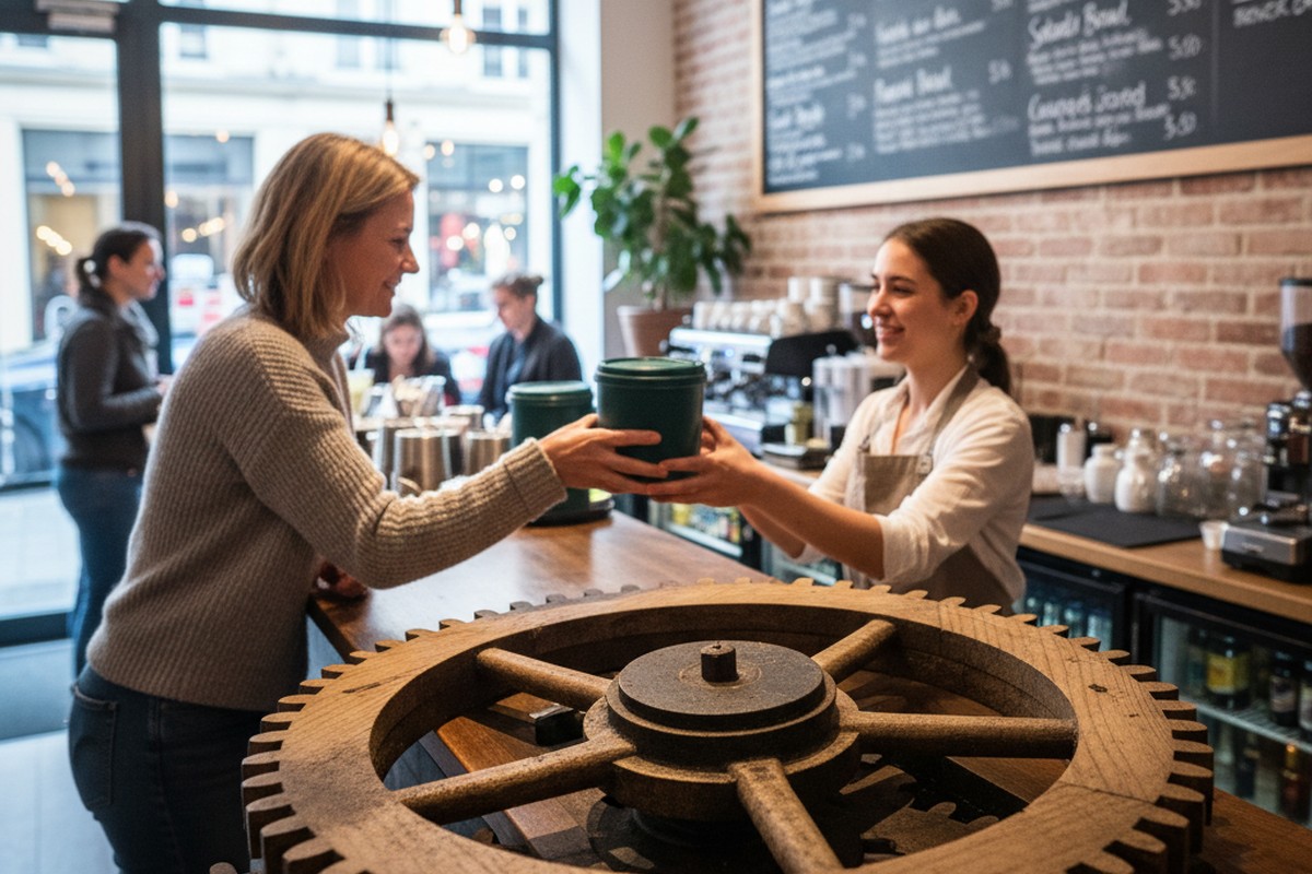 Gast übergibt Mehrwegbehälter an der Take-away-Theke, ein Standardelement nachhaltiger Gastronomie 2026.