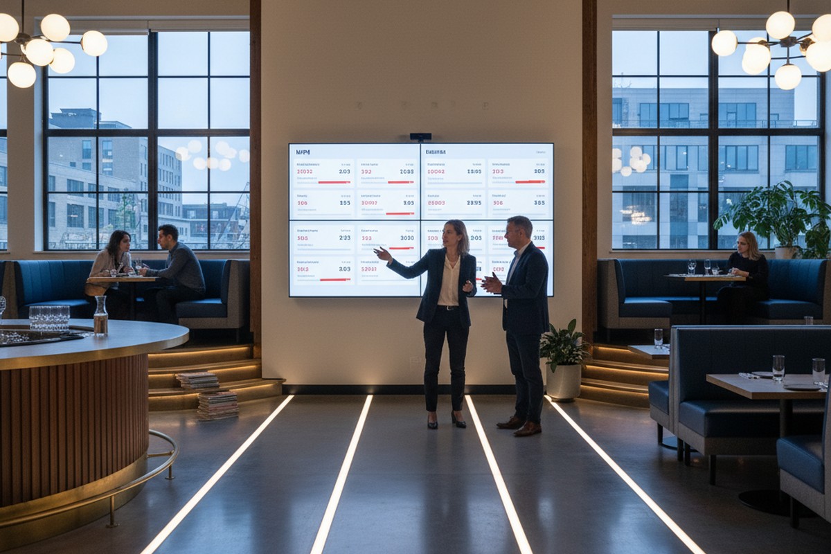 Area manager and two restaurant managers discussing restaurant ERP ROI in front of a multi-location KPI dashboard for their five sites