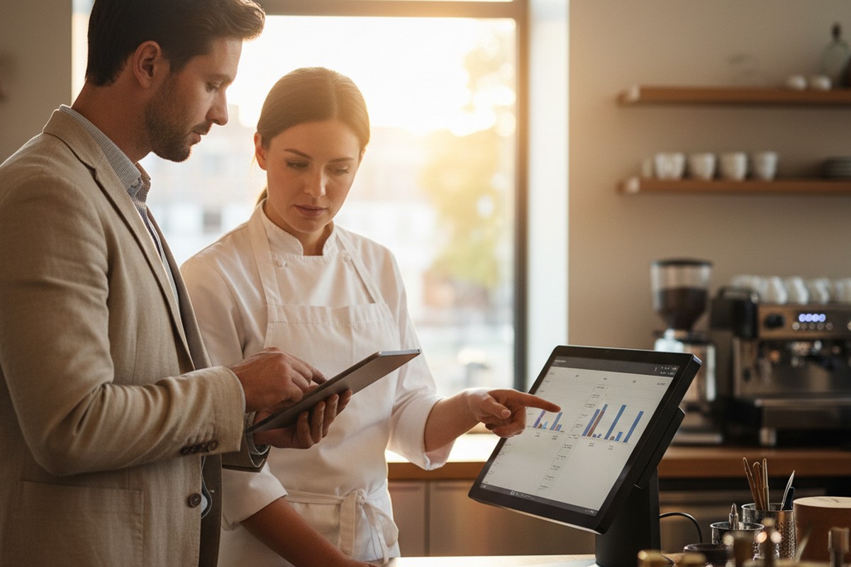 External auditor and head chef reviewing fiscal cash-register compliance at the POS as a regulatory ROI lever in hospitality