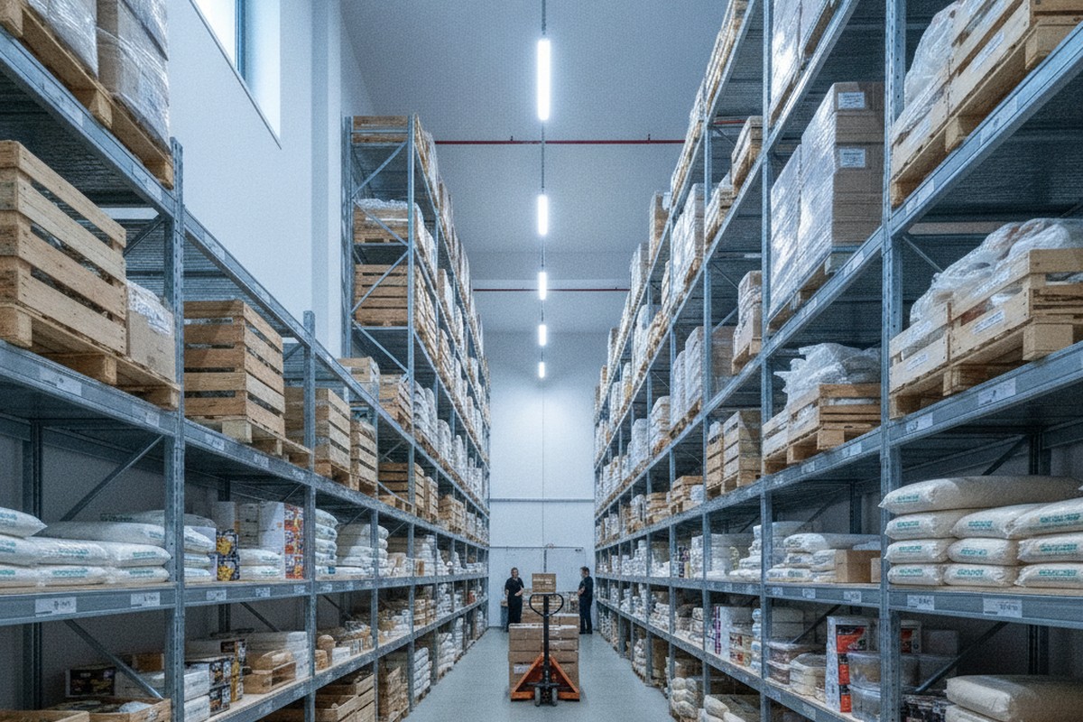Zentrallager einer Gastronomiekette mit Regalreihen als Bild für Warenwirtschaft bei mehreren Standorten