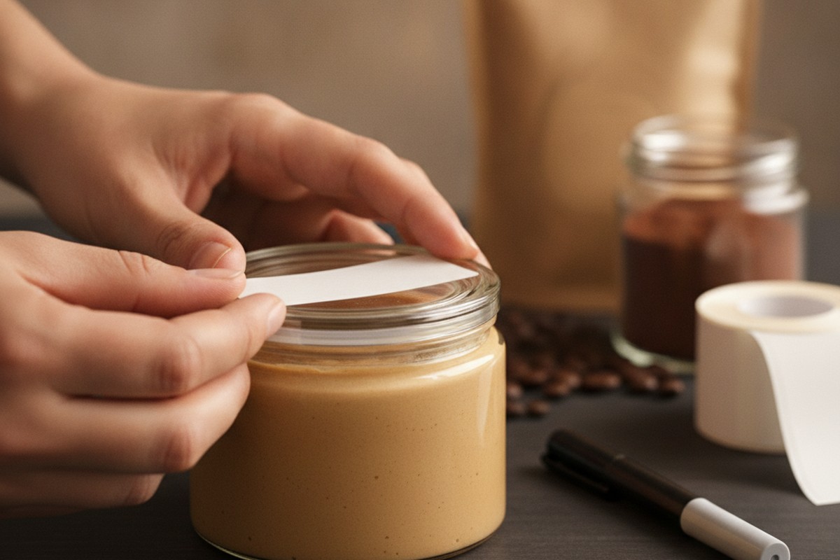 Hände beschriften einen verschlossenen Behälter mit Sesampaste als Bild für Allergendaten im Bestellwesen