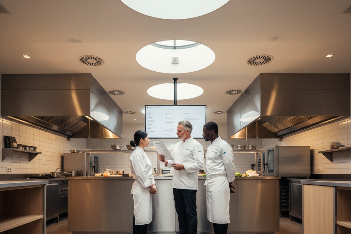 Master-Rezept-Briefing zwischen Küchenchef und Sous-Chefs für zentrale Warenwirtschaft Restaurantketten mit lokalen Rezeptvarianten