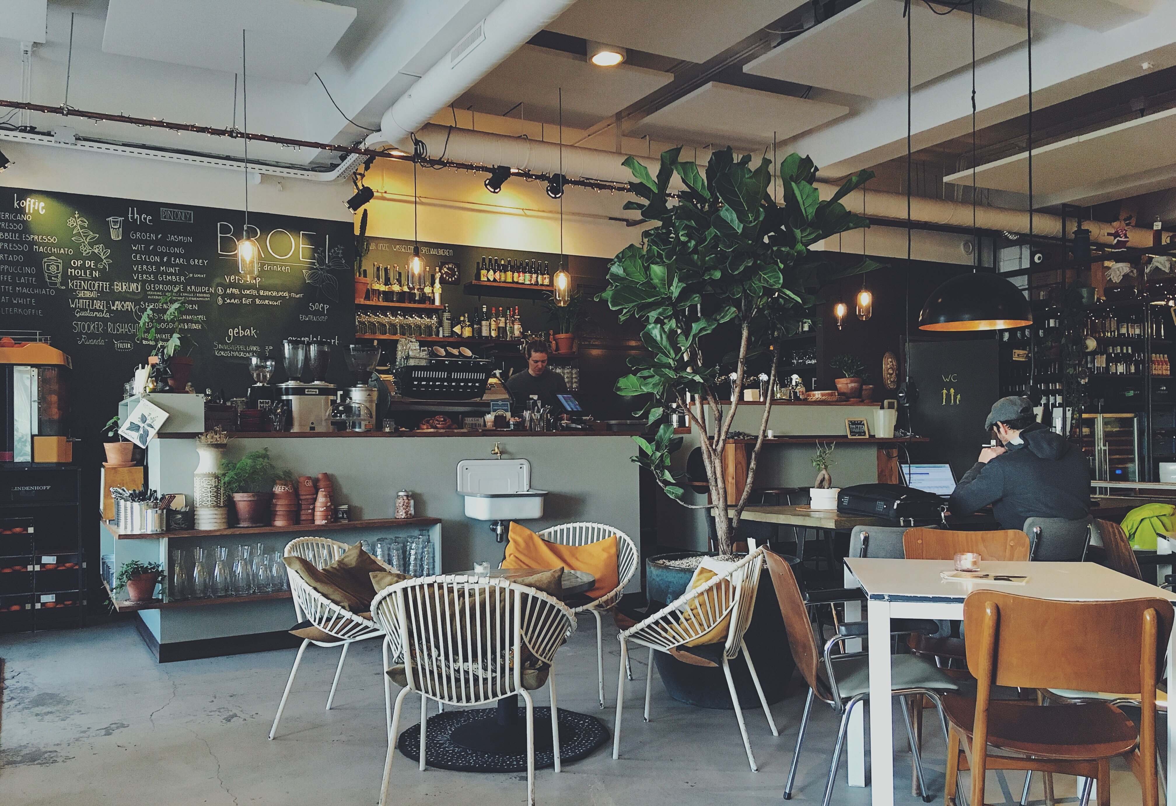 a cozy café with guests