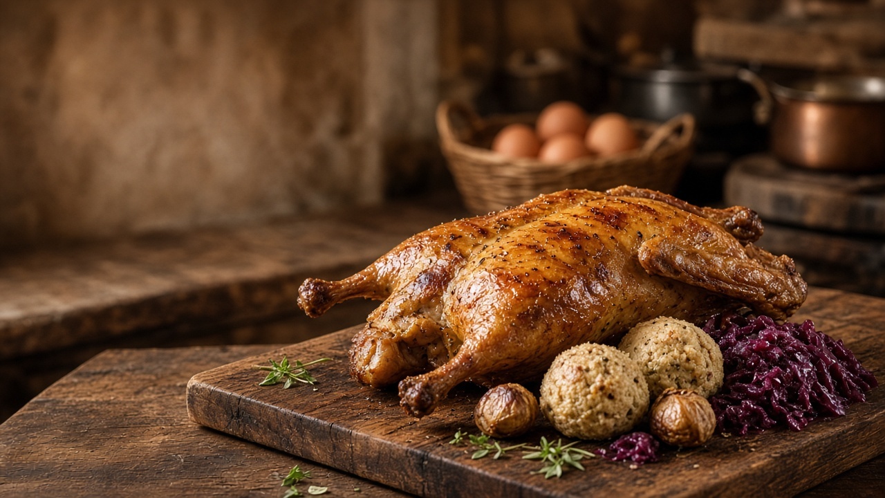 Gänsebraten mit Rotkraut, Knödeln und Maroni auf einem Holzbrett, im Hintergrund ein Korb Eier